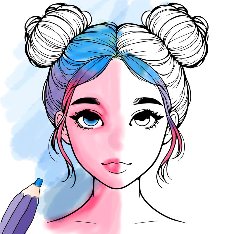 realistic girl with two buns on top of her head