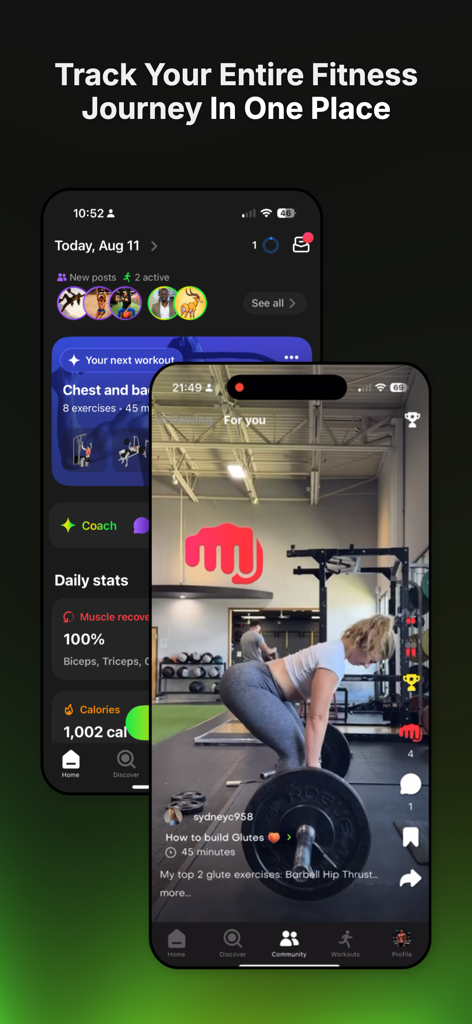Top Challenger app interface showing daily fitness stats and a video-first social feed for gym workouts.