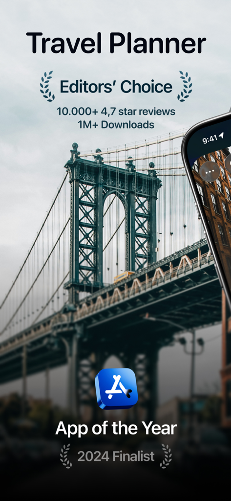 Tripsy travel planner app interface showing Editors Choice and App of the Year awards over a New York bridge background
