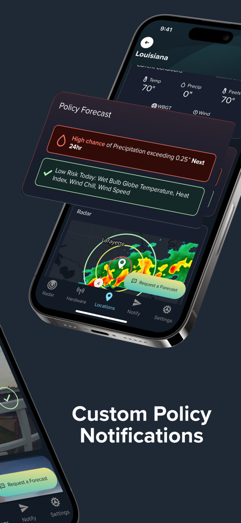 Perry Weather - Perry Weather mobile app interface showing custom weather policy alerts and a real-time radar map for professional safety management.