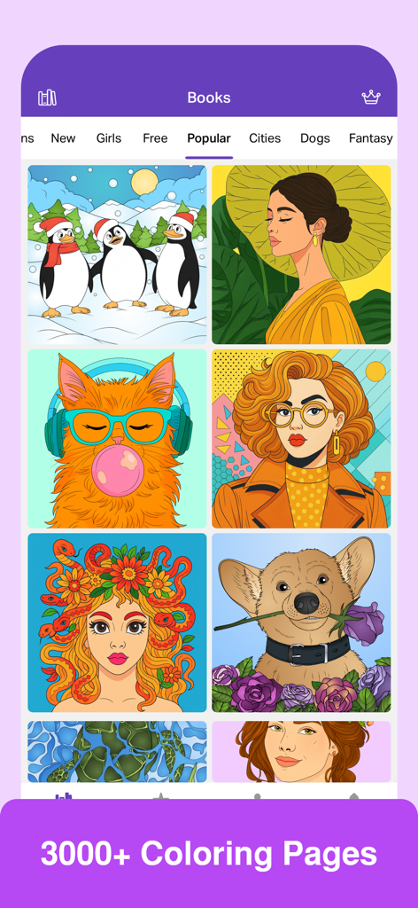 Colorgram app interface showing a diverse library of over 3000 coloring pages including artistic portraits and animals