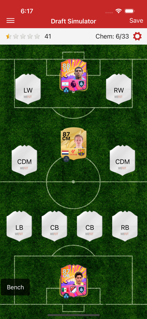 FC 25 Draft Simulator interface showing soccer player cards and team formation on a green pitch