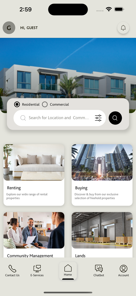 Wasl: Buy & Rent in Dubai - Home screen of the Wasl app featuring property search and categories for buying and renting in Dubai