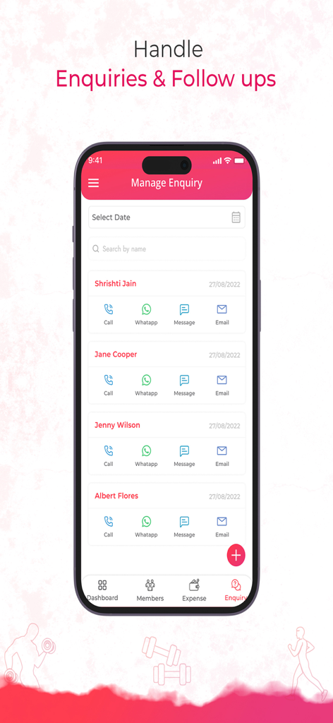 FitnessMaa: Gym Management App - FitnessMaaモバイルアプリ画面。電話、WhatsApp、メッセージ、メールによる顧客フォローアップオプション付きの問い合わせ管理インターフェースを表示。
