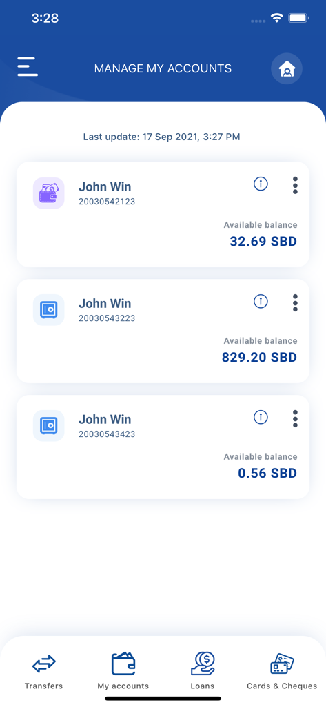Account management screen in the BRED Solomon Connect app displaying several account balances in Solomon Islands Dollars