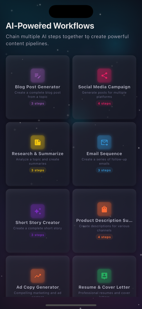 ChatAgent AI Chat Ask Anything - Interface do aplicativo ChatAgent mostrando um menu de fluxos de trabalho alimentados por IA, incluindo gerador de postagens de blog, campanha de mídia social e ferramentas de pesquisa.