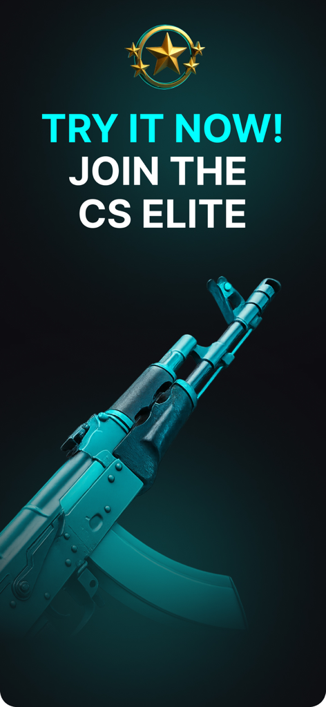 СStrike Skins - Teal AK-47 weapon skin displayed in the CStrike Skins app promo screen with join the CS elite text.