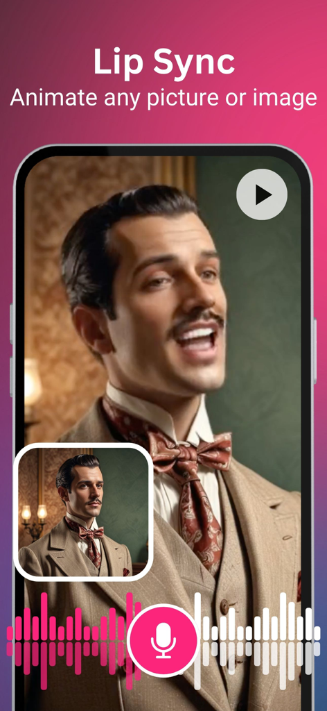 Facezy: AI Photo Face Animator - Facezy app screenshot demonstrating the AI lip sync feature animating a still portrait