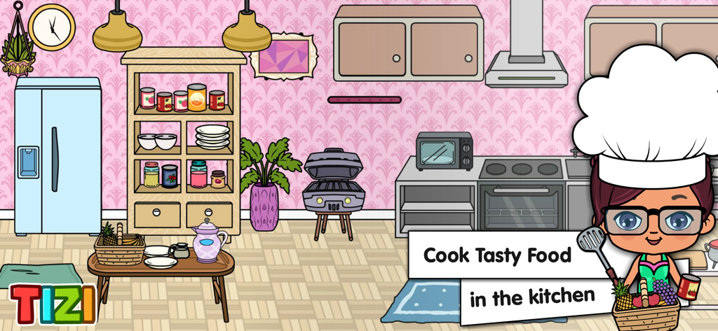 A cartoon character wearing a chef hat in a mansion kitchen with a fridge stove and pantry