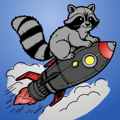 realistic raccoon flying on top rocket ship