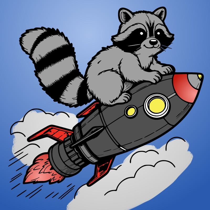 realistic raccoon flying on top rocket ship