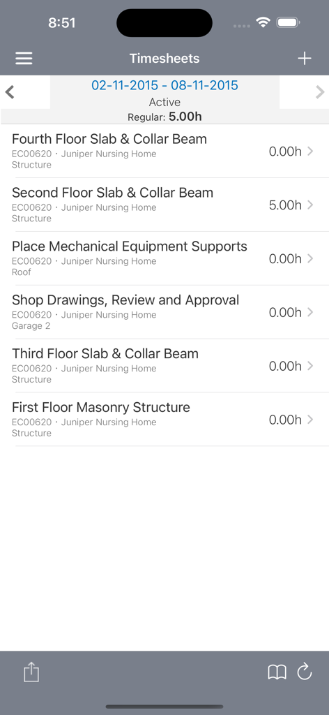 Interface do aplicativo móvel Oracle Primavera P6 EPPM mostrando entradas de folha de ponto e horas para tarefas de projeto de construção