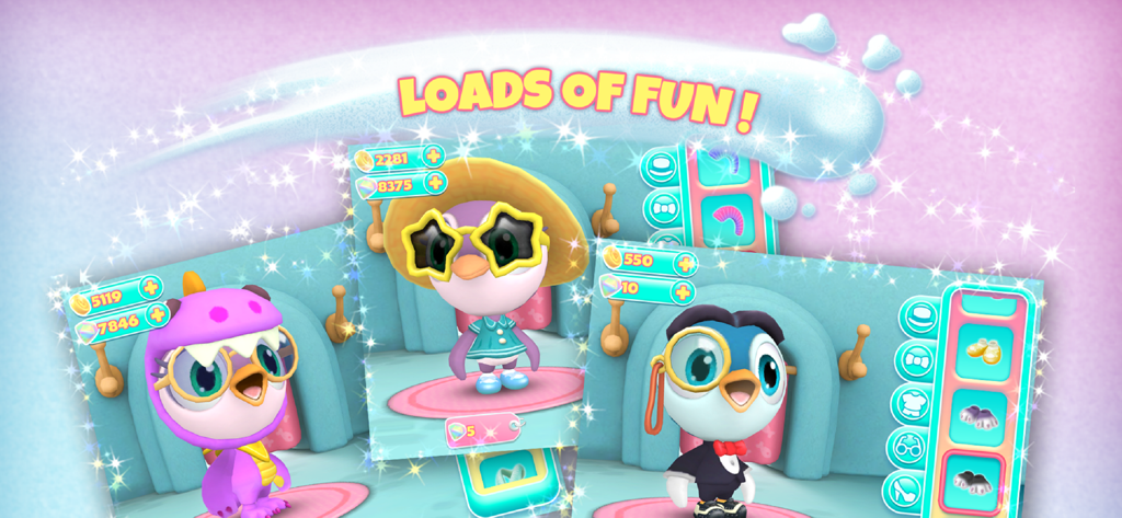 Cute penguin characters wearing various outfits and accessories in a 3D environment