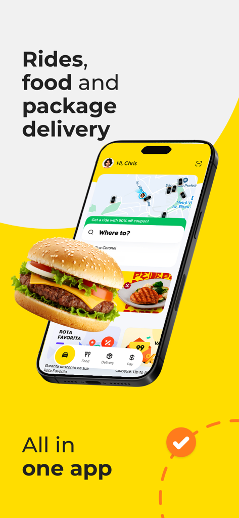 Un smartphone affichant la super application 99 pour les trajets, les repas et la livraison de colis