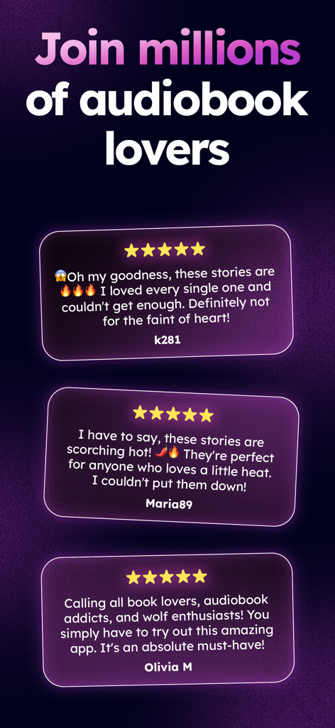 FreeFM: Audibooks, Good Novels - Tres reseñas de usuarios de cinco estrellas para la aplicación de audiolibros de romance FreeFM que muestran testimonios positivos de los oyentes.