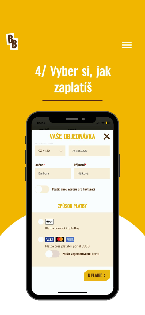 Bageterie Boulevard - 支払いオプションのあるバゲテリー・ブールバールアプリのチェックアウト画面。