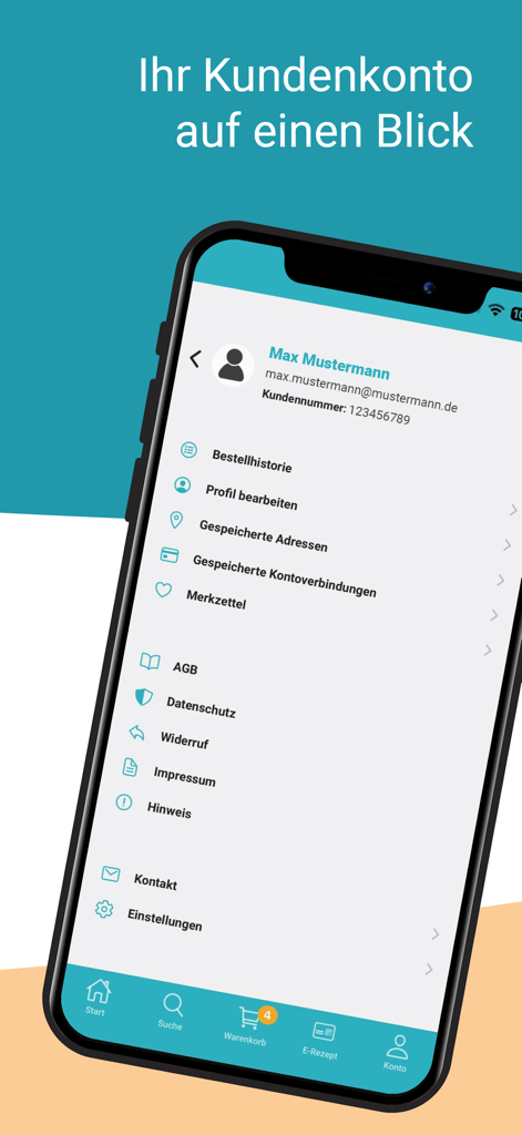 Pantalla del perfil de cuenta del cliente de la aplicación móvil de farmacia Medikamente-per-klick.
