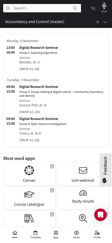 My UvA - Dashboard of the My UvA app displaying a student timetable and quick access to academic apps
