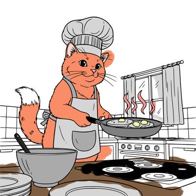 a cat wearing a apron and chef hat in a kitchen cooking breakfast
