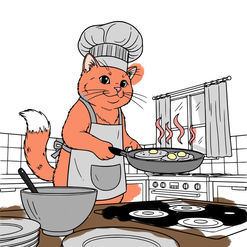 a cat wearing a apron and chef hat in a kitchen cooking breakfast