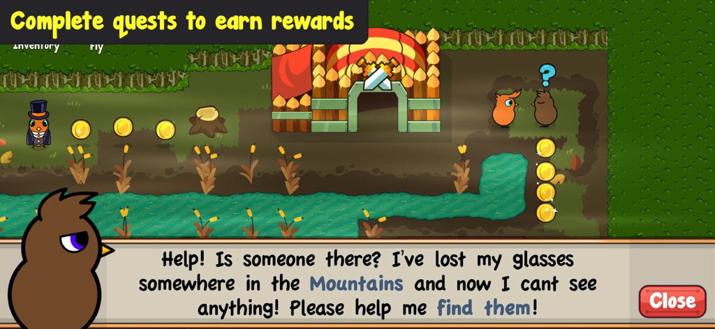 Duck Life 7: Battle - In-game screenshot of Duck Life 7 Battle showing a duck character asking for help with a quest in an exploration area
