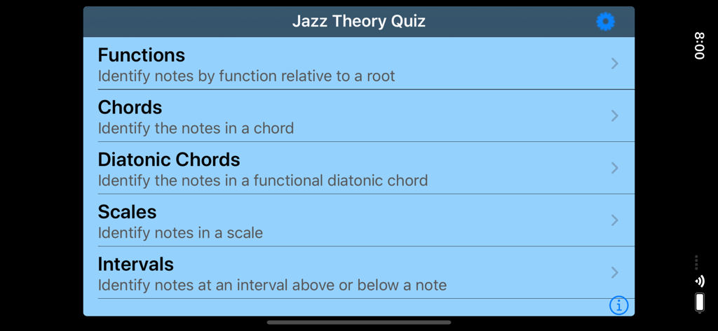 Menú principal de la aplicación Cuestionario de Teoría de Jazz mostrando categorías como Funciones, Acordes, Acordes Diatónicos, Escalas e Intervalos.
