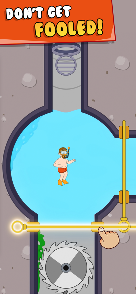 Captura de pantalla de la jugabilidad de Pull Him Out mostrando a un personaje atrapado en el agua con un puzle de tirar de pines y una sierra.