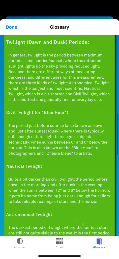 Sol: Sun Clock - Pantalla de glosario en la aplicación Sol Sun Clock que explica los períodos de crepúsculo civil, náutico y astronómico