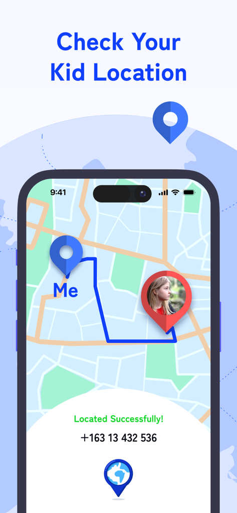 GPS Phone Locator Link Tracker - Interface of the GPS Phone Locator app showing a real-time map with a route connecting the user and a child's tracked location.