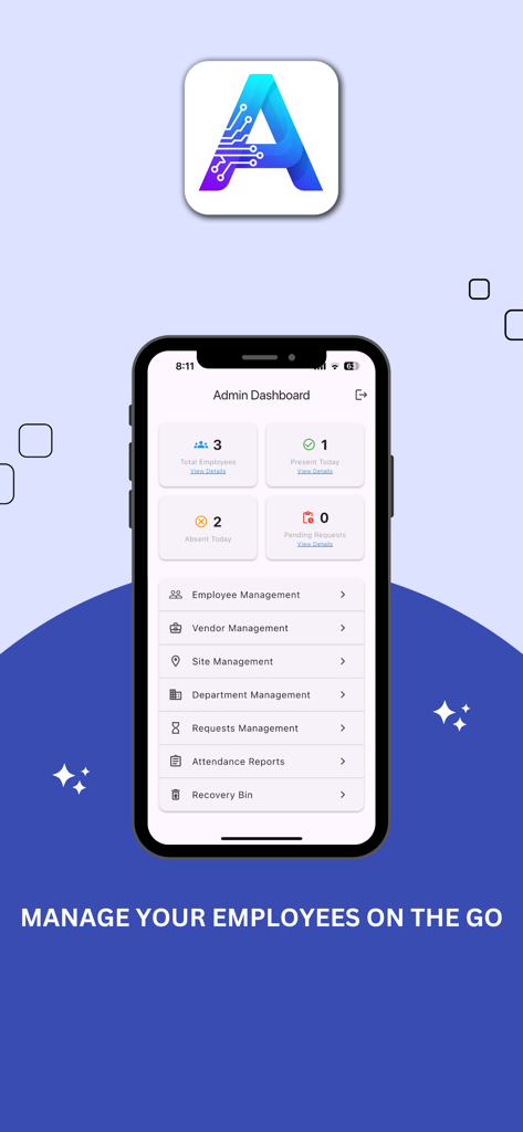AttendEase mobile app admin dashboard interface showing employee and attendance management features