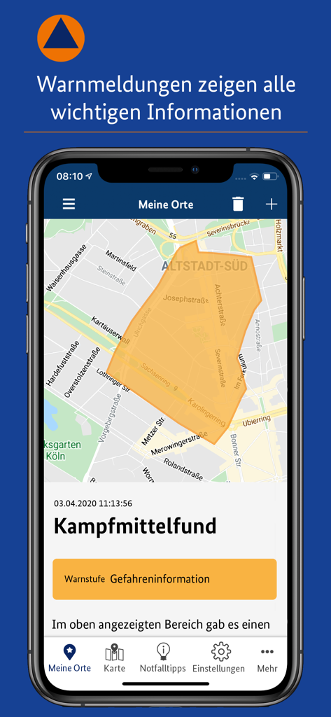 Die NINA-App zeigt eine lokalisierte Notfallwarnung auf einer Stadtkarte wegen eines Blindgängerfundes an.
