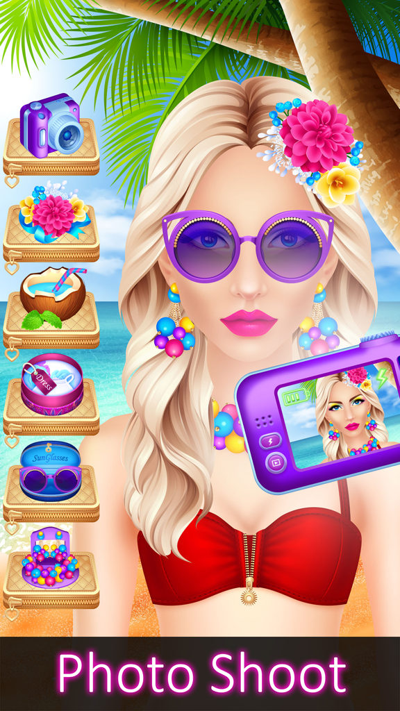 Top Model Makeover - Dressup, Makeup & Kids Games - A blonde model character in a tropical beach photo shoot for a kids makeover game.