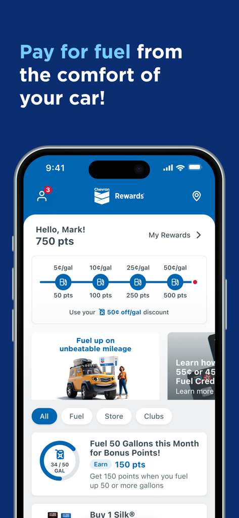 Chevron - Chevron app user dashboard showing points balance and progress towards gas discounts