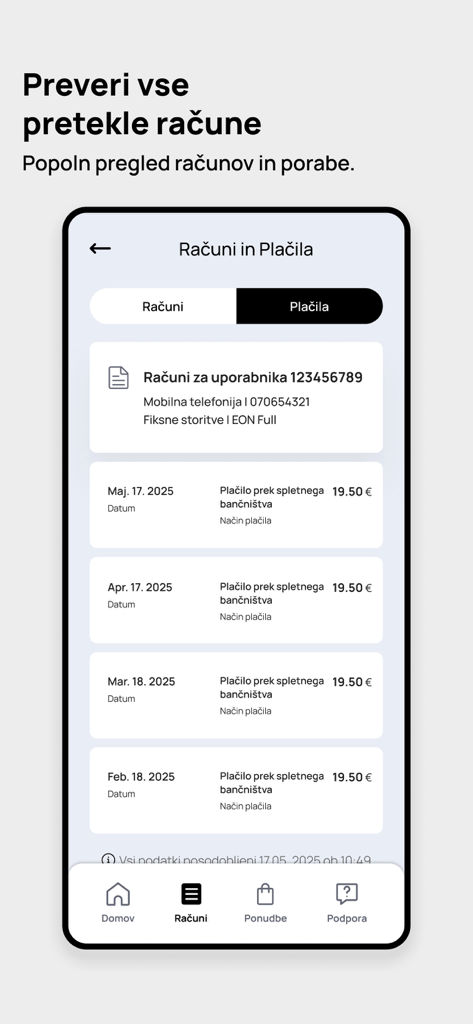 Telemach Slovenija - Smartphone display showing the Telemach Slovenija app invoice and payment history screen with monthly bill records.
