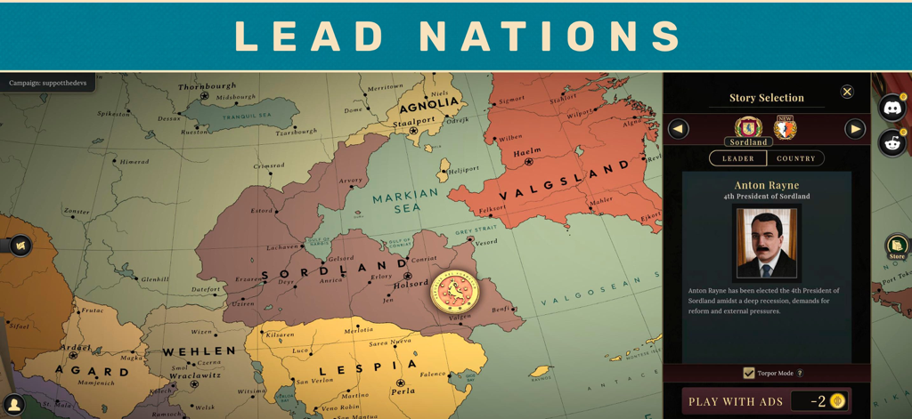 Suzerain - Interfaz del juego Suzerain que muestra un mapa político de Sordland y la selección de historia para el Presidente Anton Rayne