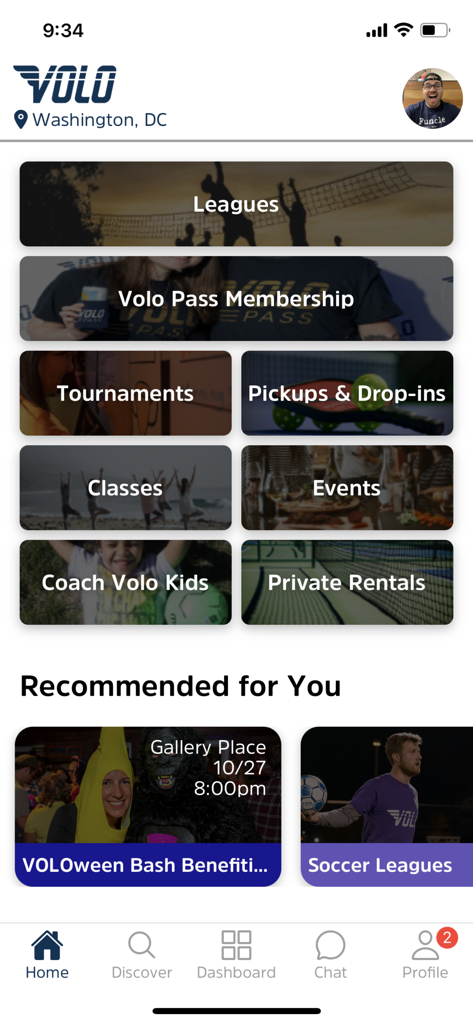 Volo Sports app home dashboard displaying social sports leagues and community events in Washington DC