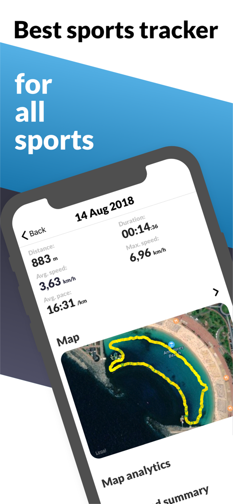 Oberfläche der Watersports Tracker App mit Trainingsstatistiken und GPS-Kartenverfolgung für eine Surfaktivität