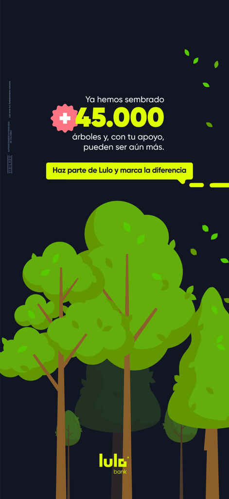 Lulo Bank screenshot showing their reforestation project with over 45,000 trees planted.