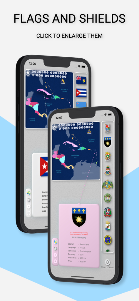 MapGo: Countries of the world - MapGo app interface showing interactive world maps with national flags and coats of arms.