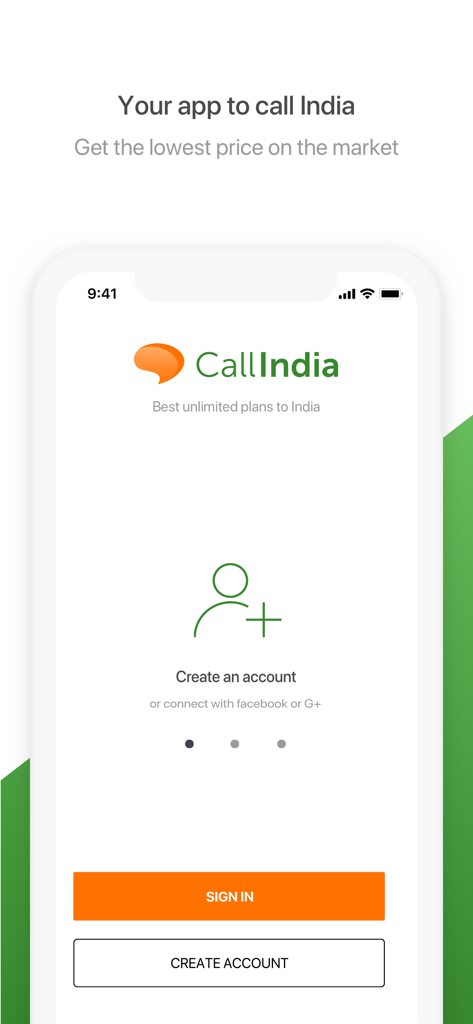 CallIndia app welcome screen with options to sign in or create a new account