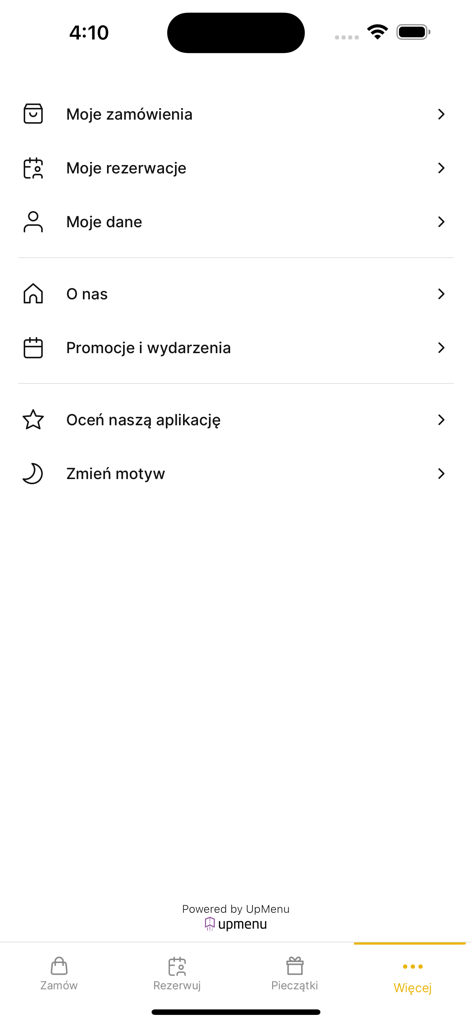 The more options screen of the Shimayo Sushi Bar app showing order history and account settings