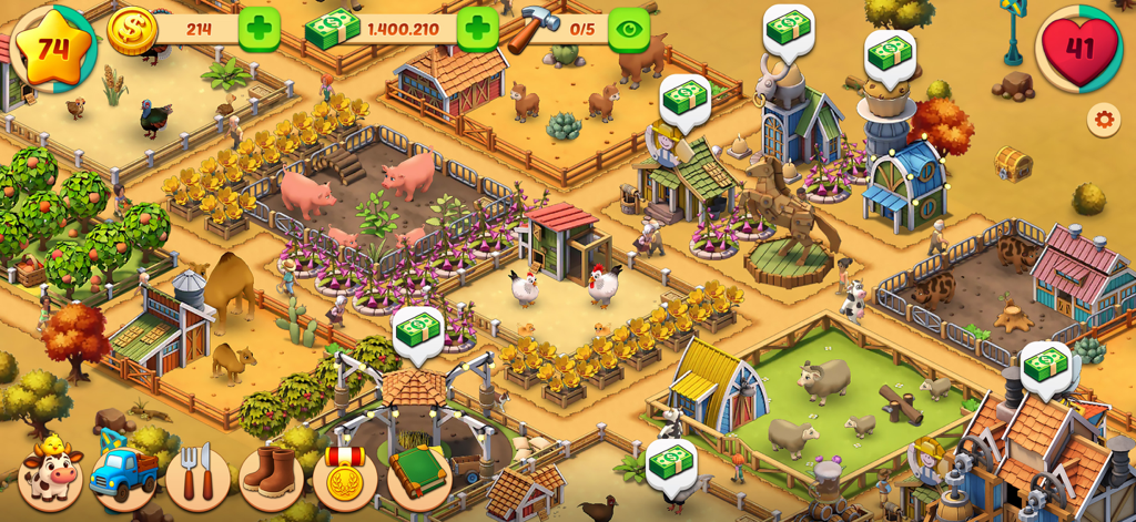Animal Farm Life: Town Farming - Animal Farm Lifeの、豚、鶏、羊がいるカラフルな3D農場のトップダウンビュー