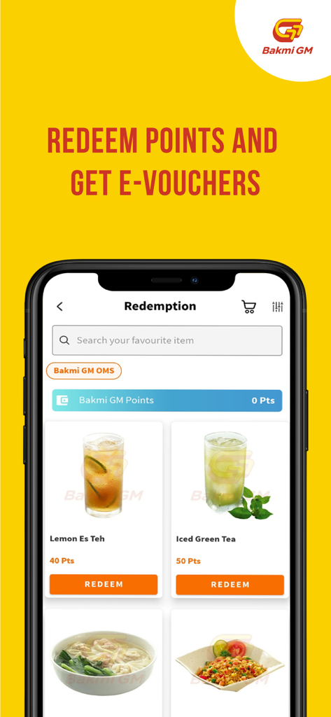 Bakmi GM - Bakmi GM app interface showing how to redeem loyalty points for food and drinks like iced tea.