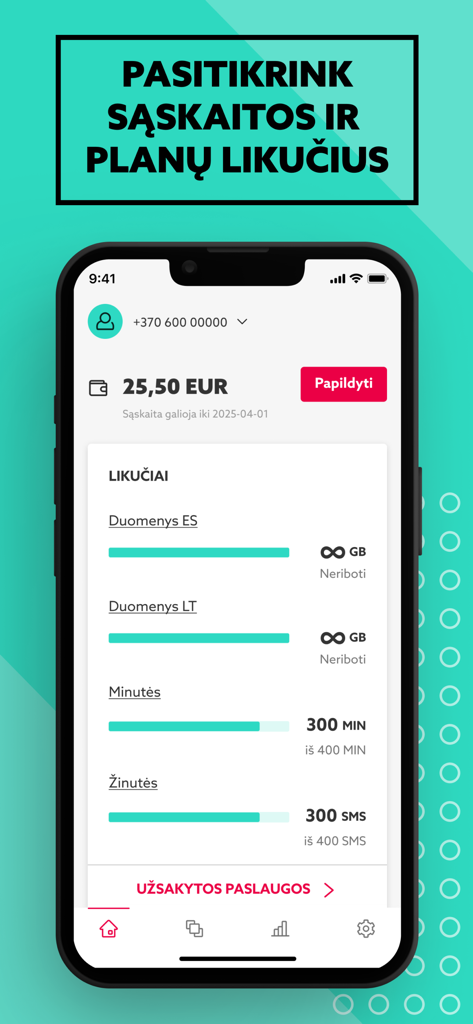 Mano EŽYS - Mano Ezys app dashboard showing account balance and mobile service usage
