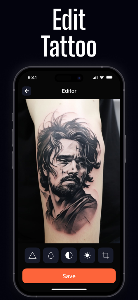 AI Tattoo Design: Tattoo Maker - AI Tattoo Design app editor screen showing a portrait tattoo on an arm with various editing tools