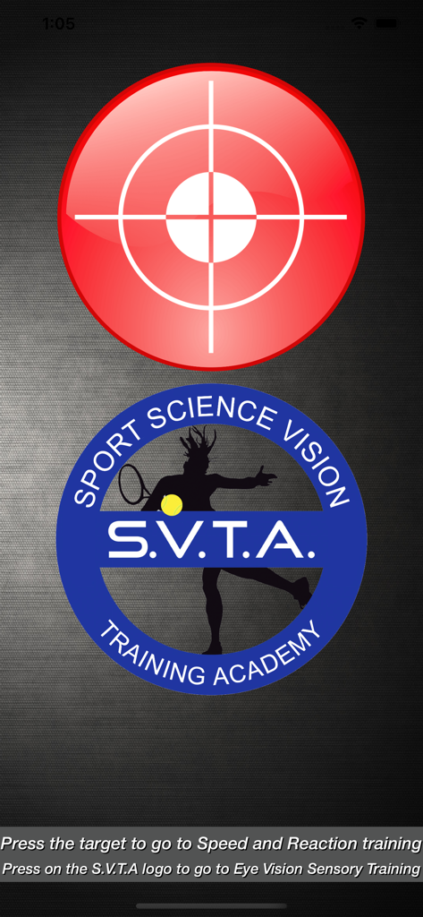 2 B Fast Pro - Main menu of 2 B Fast Pro app with a red target for reaction training and SVTA logo for vision training
