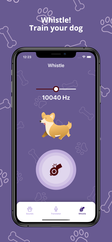 Dog Translator! Game for Dogs - Screenshot of the Dog Translator app showing the ultrasonic whistle training interface with frequency control and a cartoon corgi