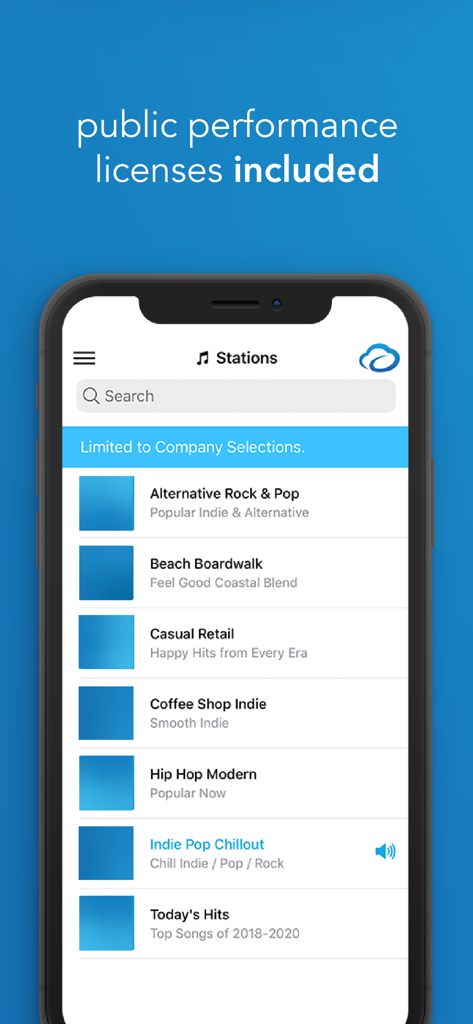 Pandora CloudCover - Pandora CloudCover app displaying music stations for businesses with public performance licenses included.