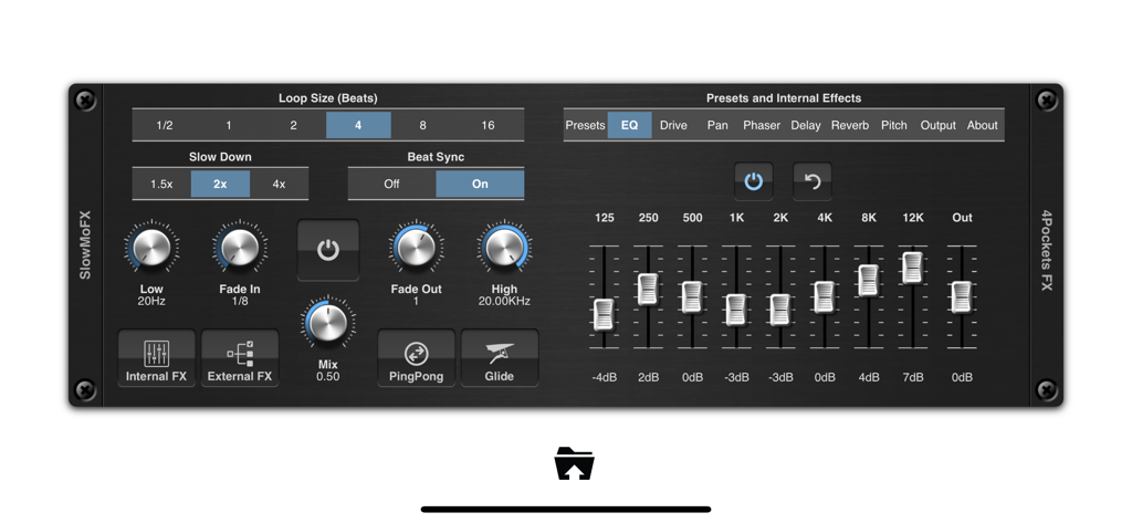 SlowMoFX - SlowMoFX AUv3 plugin interface with halftime speed controls and EQ settings