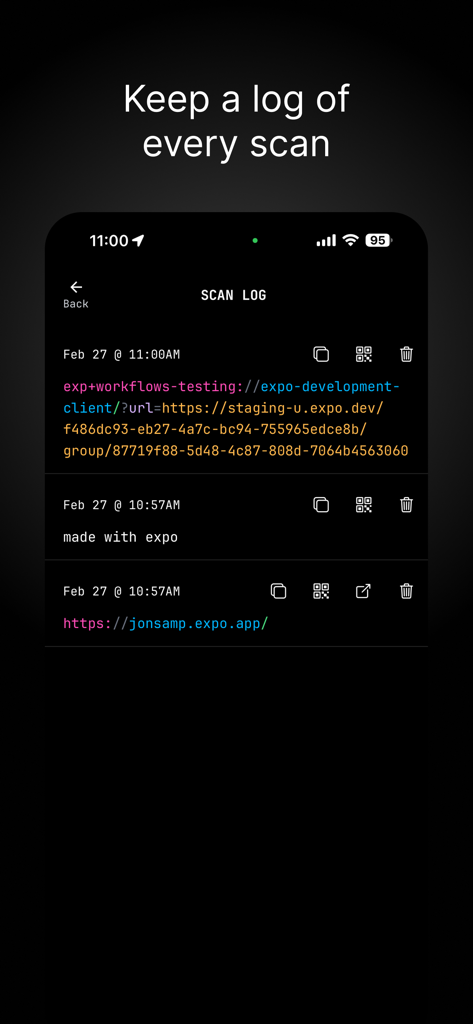QRU? - QR Code Debugger - Uma tela de log de histórico de digitalização no aplicativo QRU mostrando componentes de URL codificados por cores e deep links para depuração de desenvolvedor.